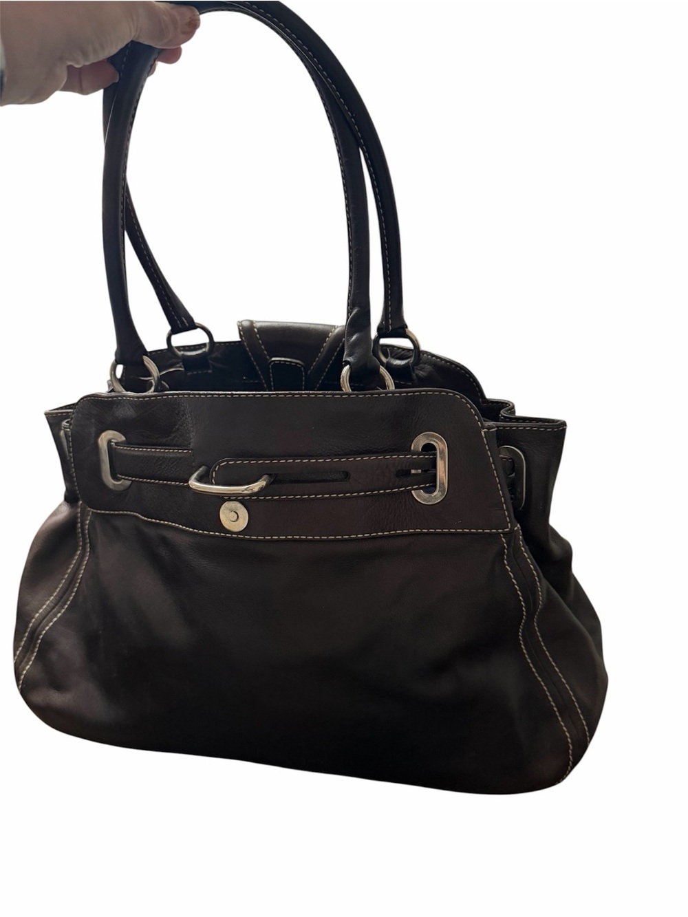 Pollini Dark Brown Leather Shoulder Bag with Silver-Tone Hardware